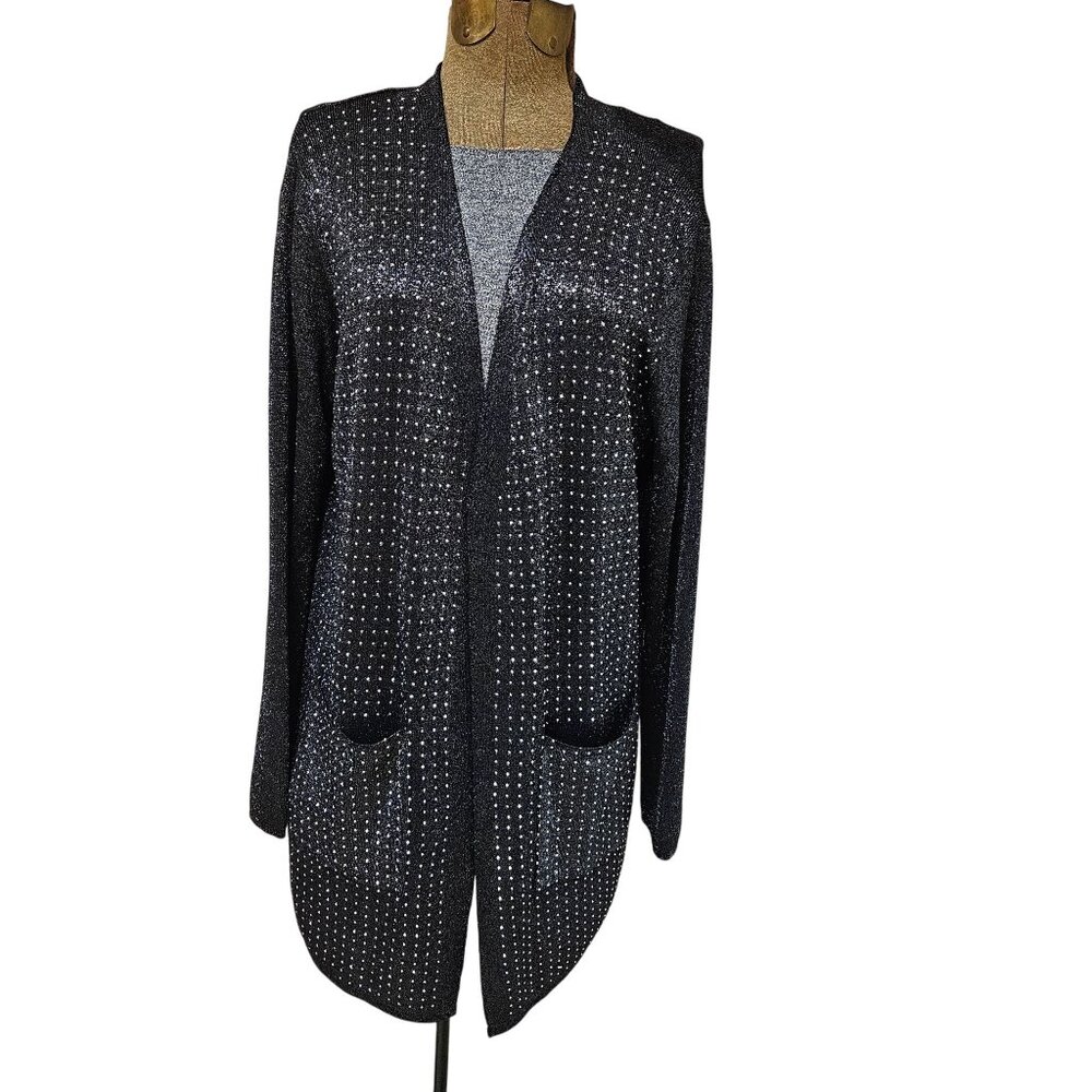On Twelfth Womens Size L Black Silver Glitter Open Front Cardigan Sweater - Picture 1 of 9